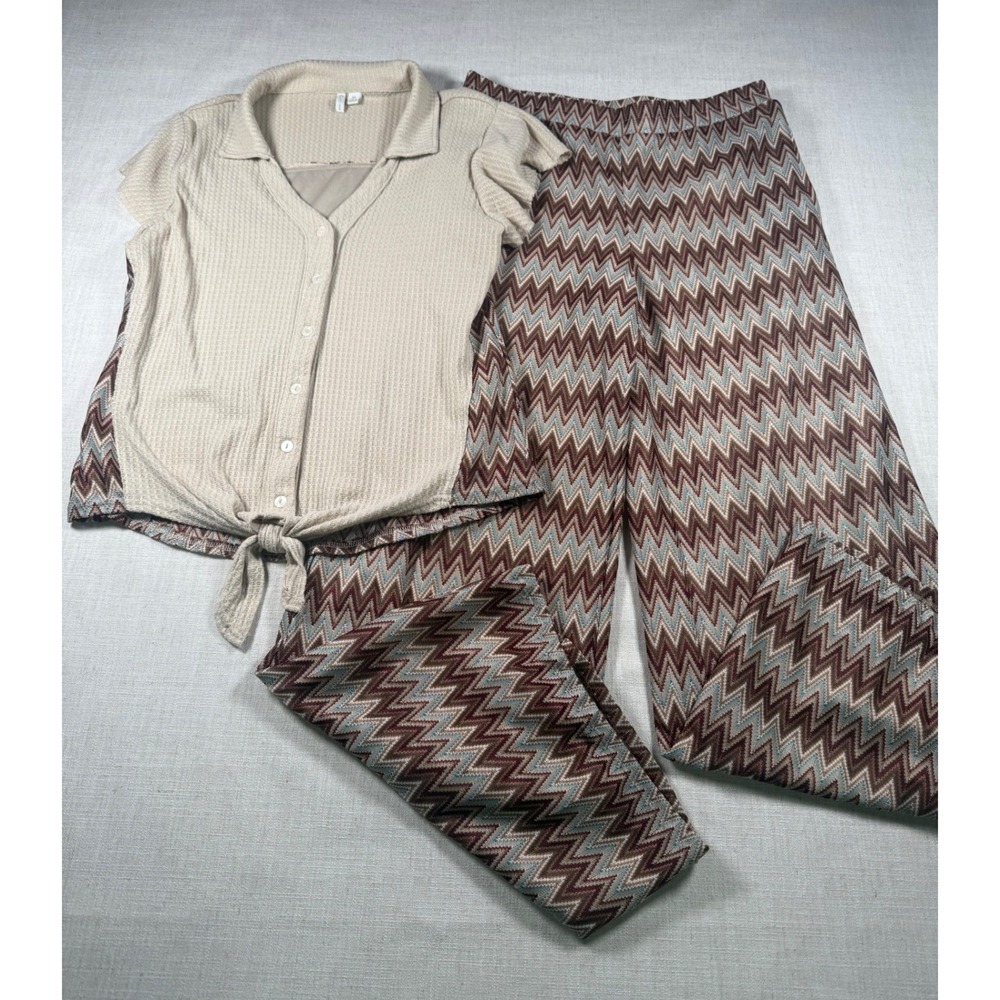Cato Womens 2 Piece Set Waffle Knit Tie Front Top Chevron Wide Leg Pants Medium